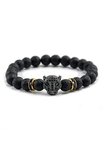 Tessero Brățară elastică cu rocă vulcanică, model cu cap de leopard, pietre de zirconiu negru, unisex, Tessero, neagră