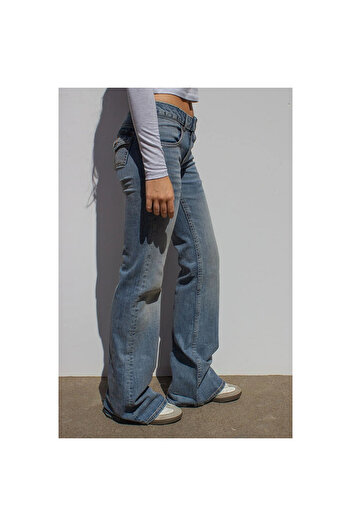 Mokşa Y2K Vintage Retro Eskitme Süper Arka Cepli Düşük Bel İspanyol Paça Jean