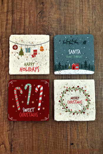 Begoloni Stone Decor Natural Stone Coaster - Merry Christmas Printed 10X10Cm New Year Stone Coasters 492