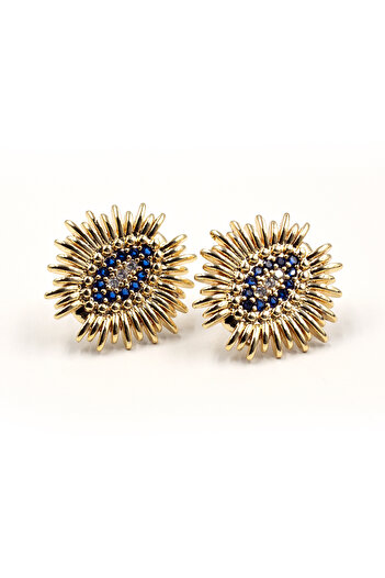 Sose Moda Gold Nazar Eye Earrings - Minimal Elegant Model with Zircon Stone