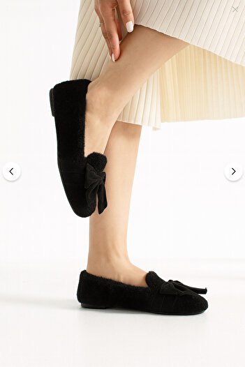 Beyond Women's Black Bow Plush Home Slippers Byndmtf02