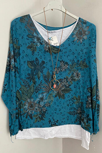 AYASOFYA OTANTIK Women's Italian Blue Floral Patterned Collared Cotton Combed Sleeveless Inner Long Sleeve Knitwear Blouse 2-Piece Set