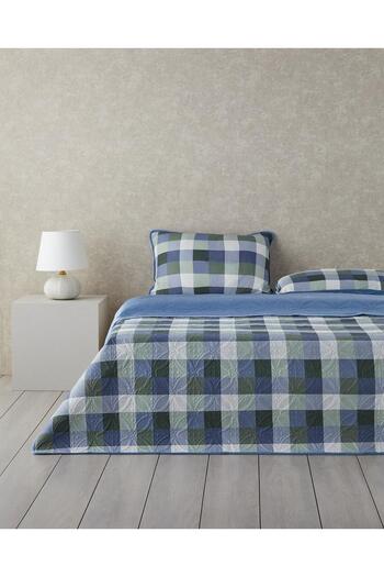 English Home Ornate Check Double-Sided Velvet Double Bedspread Set 200X220 cm Dark Blue