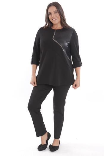 SERTUĞ Trend42Plus Plus Size Black Blouse with Matchstick Detail and Rhinestones