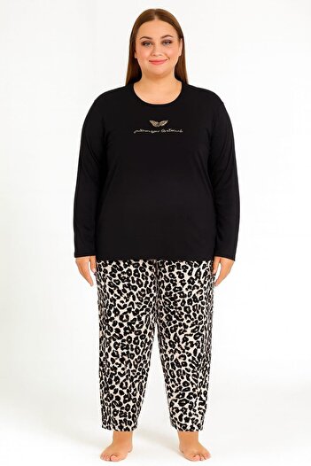 Pemilo Women's 08048 Plus Size Leopard Print Pajama Set Black