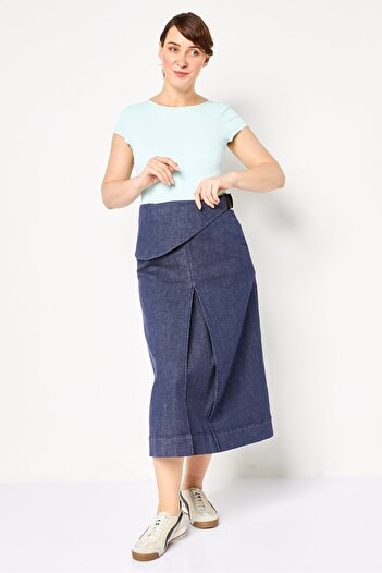 Raw Denim Society Women Regular Length Washed Denim Maxi Skirt With Belt, Navy