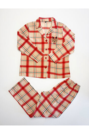 Siyah İnci Red Plaid Pattern Embroidered Plus Size Buttoned Knitted Winter Fleece Pajamas Suit 7957