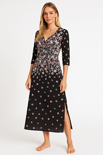MAMAYAGA Women's Double Breasted Neckline Relaxed Fit Three Quarter Sleeve Patterned Viscose Casual Midi Plus Size Dress Nightgown