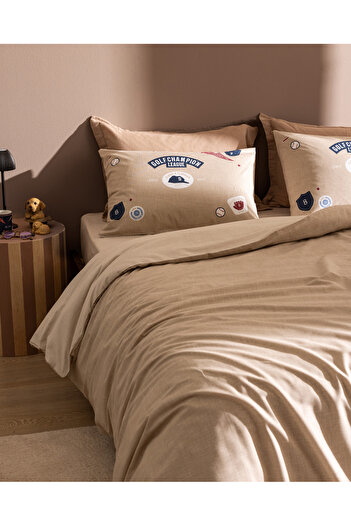 Madame Coco Ruben Single 100% Cotton Ranforce Printed Duvet Cover Set - Beige