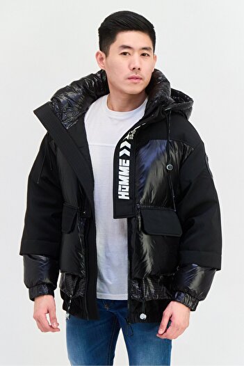 Selected Homme Men Hooded Graphic Print Parka Jacket, Black