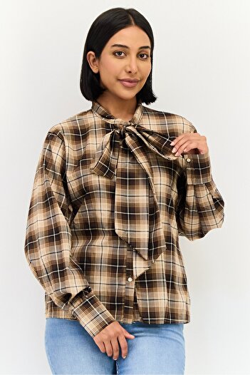 Threadbare Women Tie Neckline Long Sleeves Plaid Shirt, Multicolor