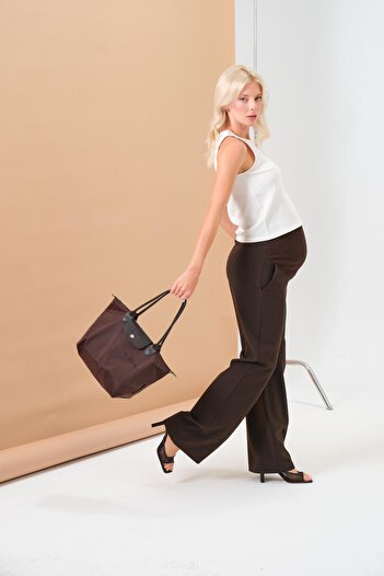 BUSA Maternity Stretchy Waistband Adjustable Wide Leg Gabardine Trousers Brown