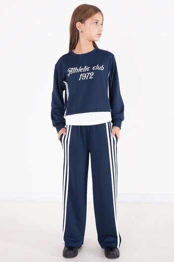 Cansın Mini Navy Blue Stripe Detailed Lettering Wide Leg Girls' Suit 22774