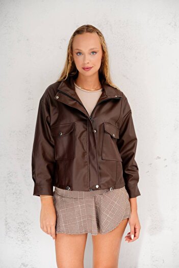 b buhari bykoc Oversized Leather Jacket with Drawstring Front Pocket Detail on the Sides