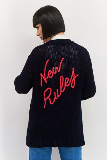Trussardi Women V-Neck Crochet Cardigan, Navy Blue