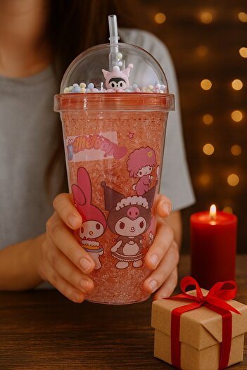 HediyeFilesi Kuromi Themed Pink Water Bottle with Straw, Frosted Glass Look, 450 ml Double Layer Mica Water Bottle 2647 Pink