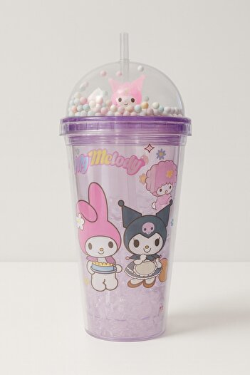 HediyeFilesi Kuromi Themed Purple Water Bottle with Straw, Frosted Glass Look, 450 ml Double Layer Mica Water Bottle 2647 Purple