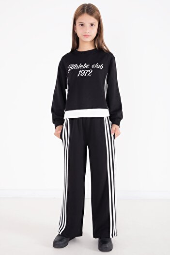 Cansın Mini Black Stripe Detailed Lettered Wide Leg Girls' Suit 22772