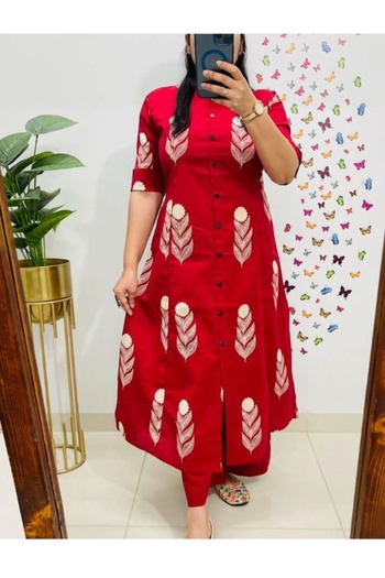 MYSMAR Red Cotton Salwar Kameez - FFT3199 | Red