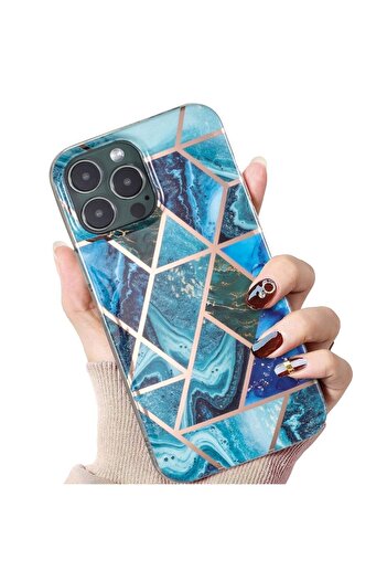 Bibilel Protective Case Compatible with Apple iPhone 12 Pro - Soft IMD TPU Marble Geometric Blue