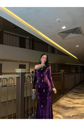 Modafeminen Velvet Stretch Fabric One Shoulder Stone Embellished Evening Dress 583137 Purple