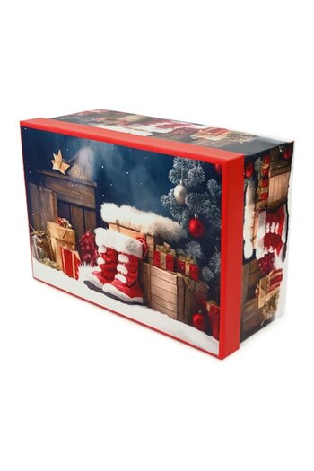 OEM Christmas Gift Box with Boots and Gifts Design, Red Interior, 35.5 x 27.5 x 15.5 cm