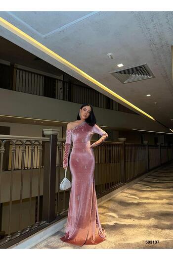 Modafeminen Velvet Stretch Fabric One Shoulder Stone Embellished Evening Dress 583137 Dried Rose