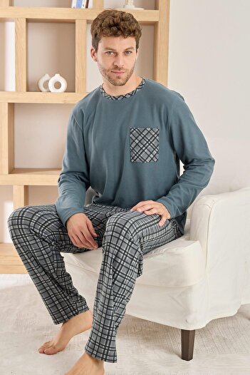 Pijamaevi Gray Black Plaid Patterned Elegant Men's Pajama Set