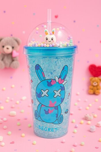 Lexi Bella Cute Bunny Rabbit Figured Colorful Beaded Crystal Effect Design Glass with Straw Water Bottle Blue 2087