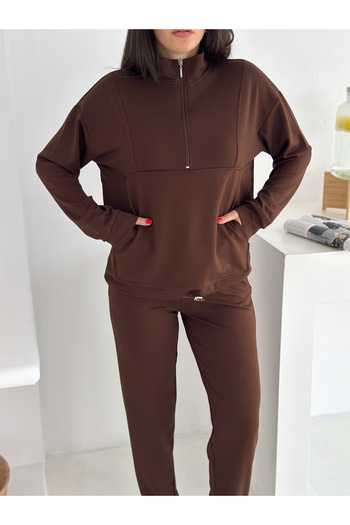 Gugus Women's Half-Zip Model Elastic Waist Narrow Leg Sweatpants Set