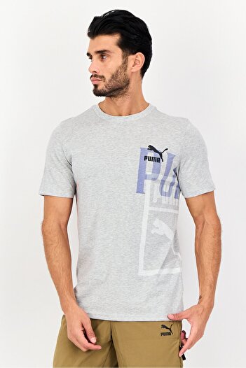 Puma Men Sportswear Fit Brand Logo Short Sleeves Outdoor T-Shirt, Light Grey