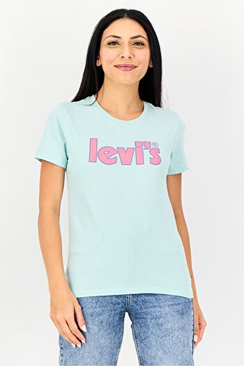 Levi's Women Crew Neck Short Sleeve Brand Logo T-shirt, Aqua Blue