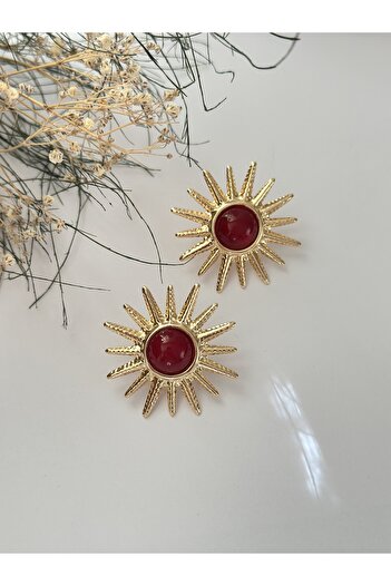 mibrillo Gold Burgundy Stone Detailed Sun Earrings