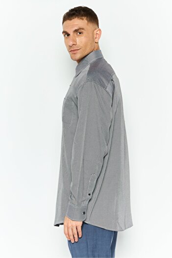Greg Norman Men Regular Fit Spread Collar Long Sleeve Stripe Shirt, Grey