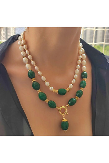 elinasaccessories Gerçek inci yeşim doğal tas tasarım kolye el yapımı kolye