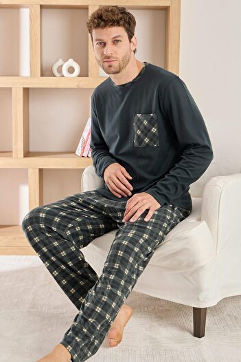Pijamaevi Anthracite Black Plaid Patterned Elegant Men's Pajama Set