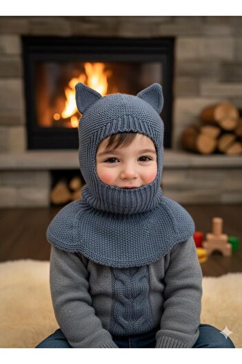 meriç bebe - bütün çocuklar melektir. mrc Kedi Kulaklı Kışlık Balaklava Triko Boyunluklu Bebek Çocuk Şapka Bere Kar Maskesi