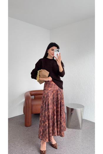 HAZELANNA Checkered Brown Satin Skirt