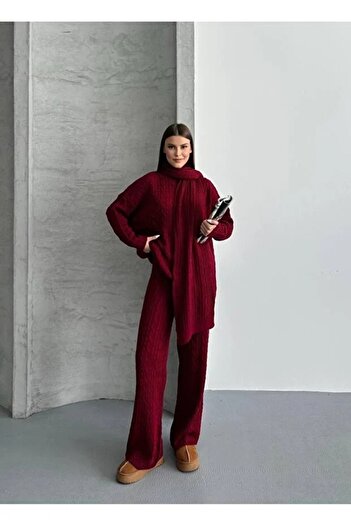 Hazinedan Women's Knitwear Hair-Braided Triple Scarf Pants Sweater Set