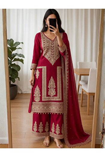 MYSMAR Maroon Chinon Silk Embroidered Kurti Palazzo & Dupatta - HRT5220 | Maroon