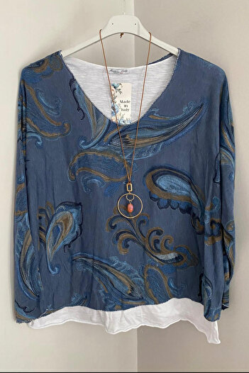 AYASOFYA OTANTIK Women's Italian Indigo Shawl Patterned Collared Cotton Combed Sleeveless Inner Long Sleeve Knitwear Blouse 2-Piece Set