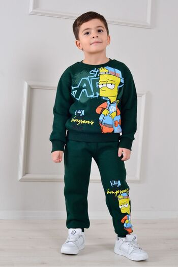 Yağmur Giyim Pjk3İ Simpson Patterned 3-Thread Ribbed 100% Cotton Boys' Tracksuit Set 3-10 Years Old 8263
