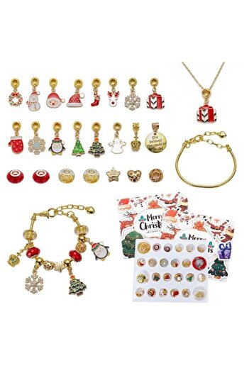 Tessero Set Calendar Advent DIY cu tematică de Crăciun, colier și brățară cu pandantive, placate cu aur de 18K, zirconiu