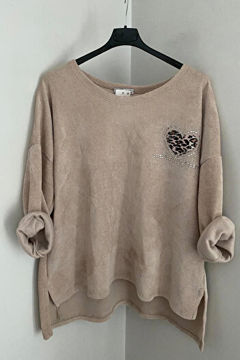 AYASOFYA OTANTIK Women's Italian Beige Stone Embroidered Heart Detail Casual Oversized Long Sleeve Velvet Blouse Tunic