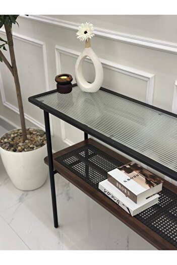 terndat Two-Tier Wooden Entryway Console with Transparent Glass Surface - Luxurious Design