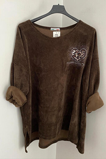 AYASOFYA OTANTIK Women's Italian Brown Stone Embroidered Heart Detail Casual Oversized Long Sleeve Velvet Blouse Tunic