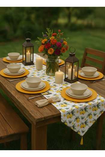 shopshop 7-Piece Lemon Floral Tableware Presentation Set, 6 American Servings Plates, 1 Tasseled Runner Cloth Set