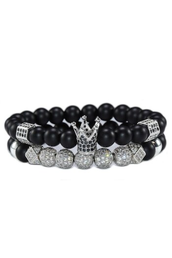 xUPING Set of two luxury bracelets with crown and zirconium stone beads, silver