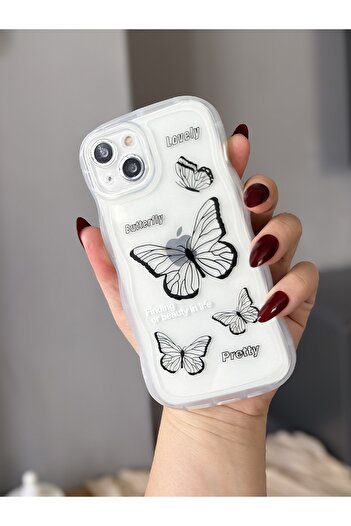 MİRAZ TASARIM Iphone 13 butterfly patterned wavy edge transparent case