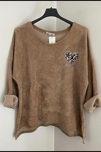 AYASOFYA OTANTIK Women's Italian Camel Stone Embroidered Heart Detail Casual Oversized Long Sleeve Velvet Blouse Tunic
